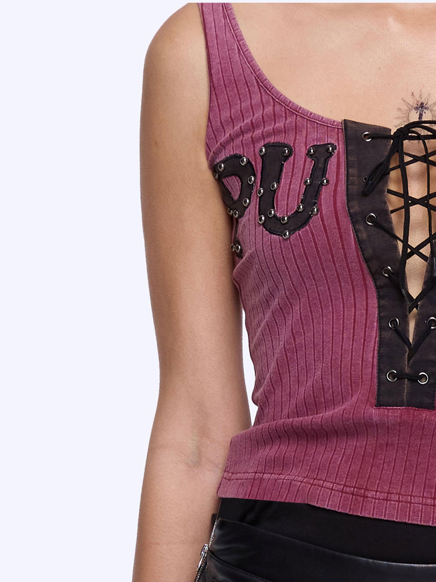 24ans Strap Rivet Washed Stripe Applique Vest