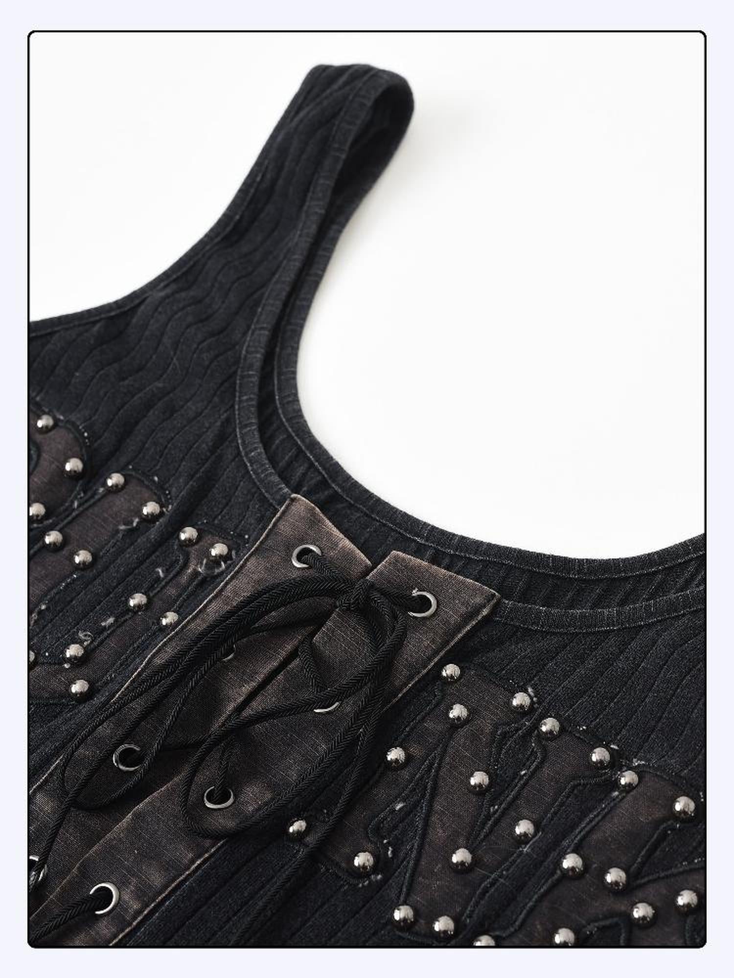 24ans Strap Rivet Washed Stripe Applique Vest
