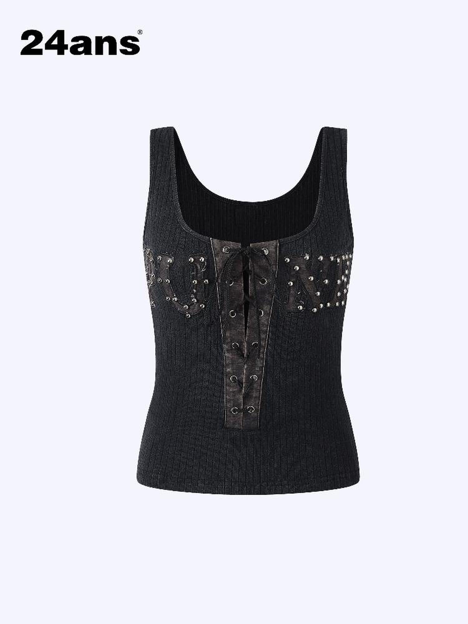 24ans Strap Rivet Washed Stripe Applique Vest