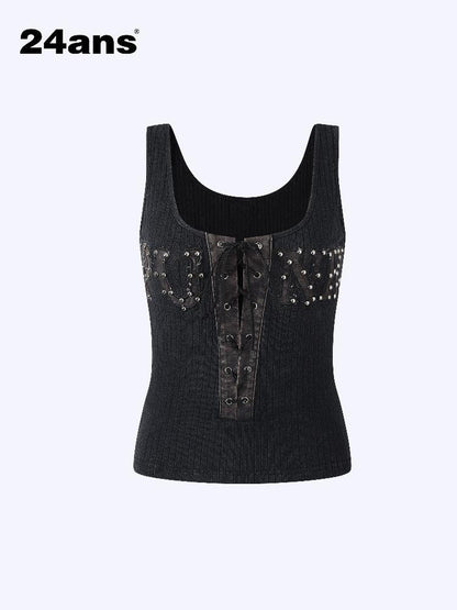 24ans Strap Rivet Washed Stripe Applique Vest