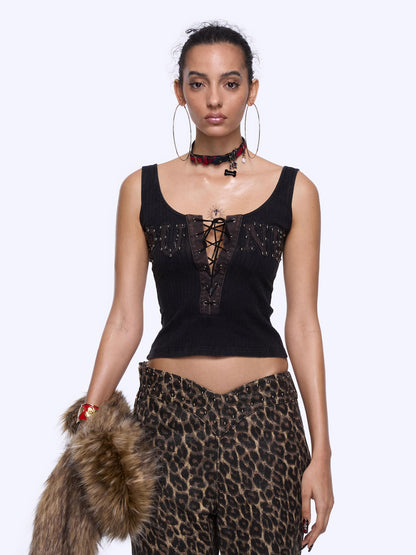 24ans Strap Rivet Washed Stripe Applique Vest