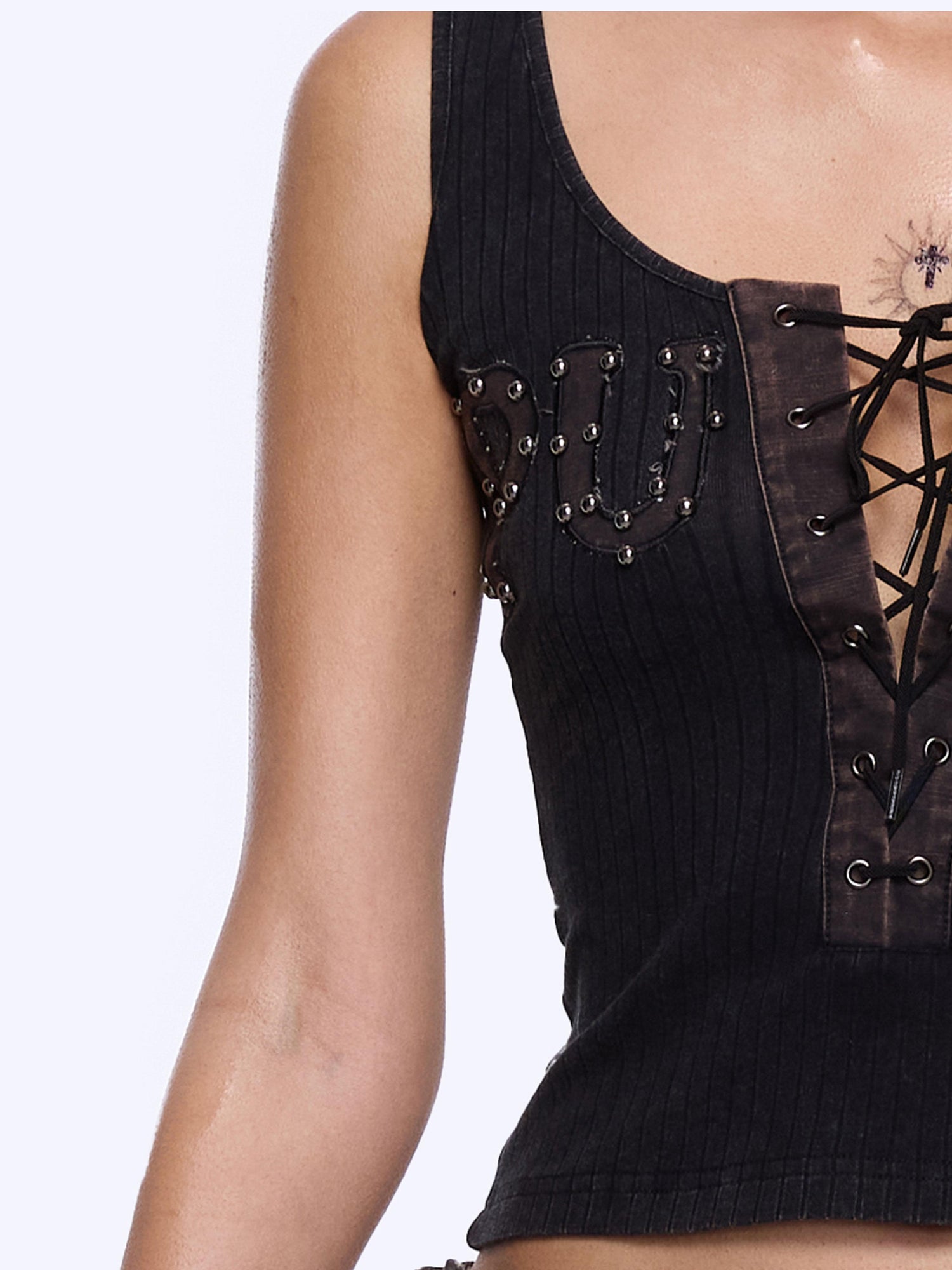 24ans Strap Rivet Washed Stripe Applique Vest