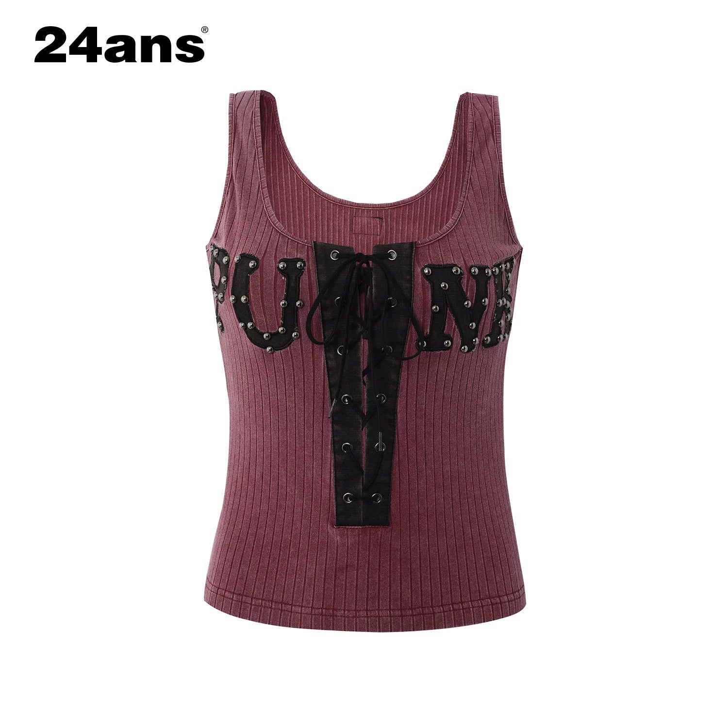 24ans Strap Rivet Washed Stripe Applique Vest MISSTT