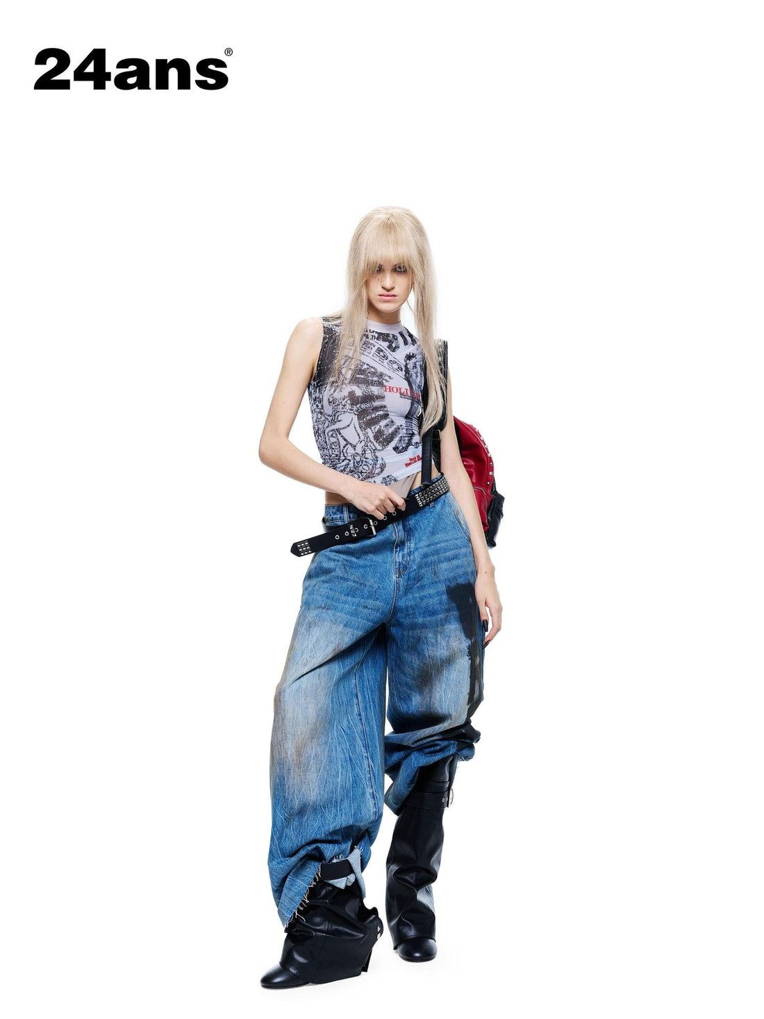 24ans Street Distressed Cracked Print Patchwork Racerback Women&
