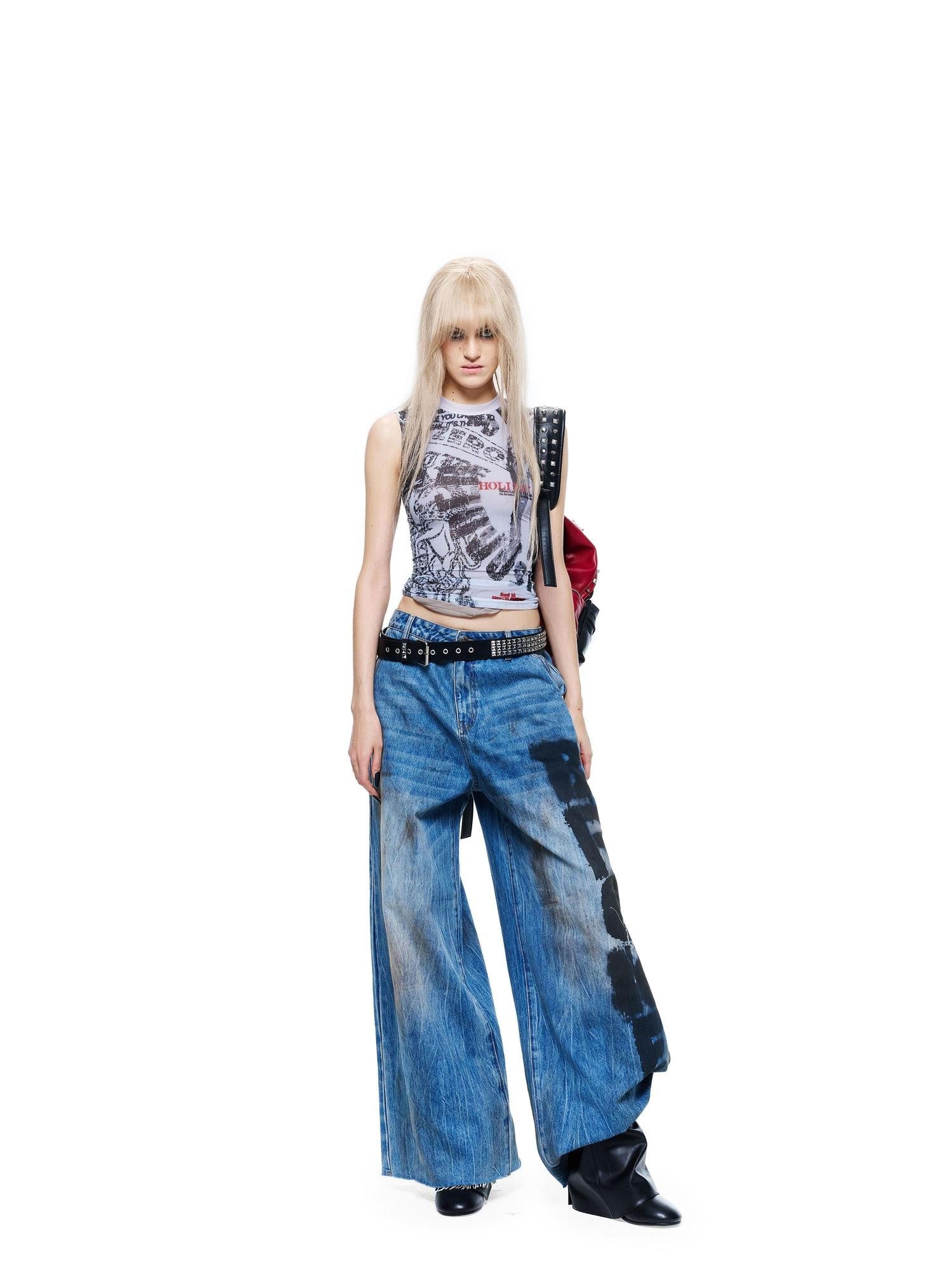 24ans Street Distressed Cracked Print Patchwork Racerback Women&