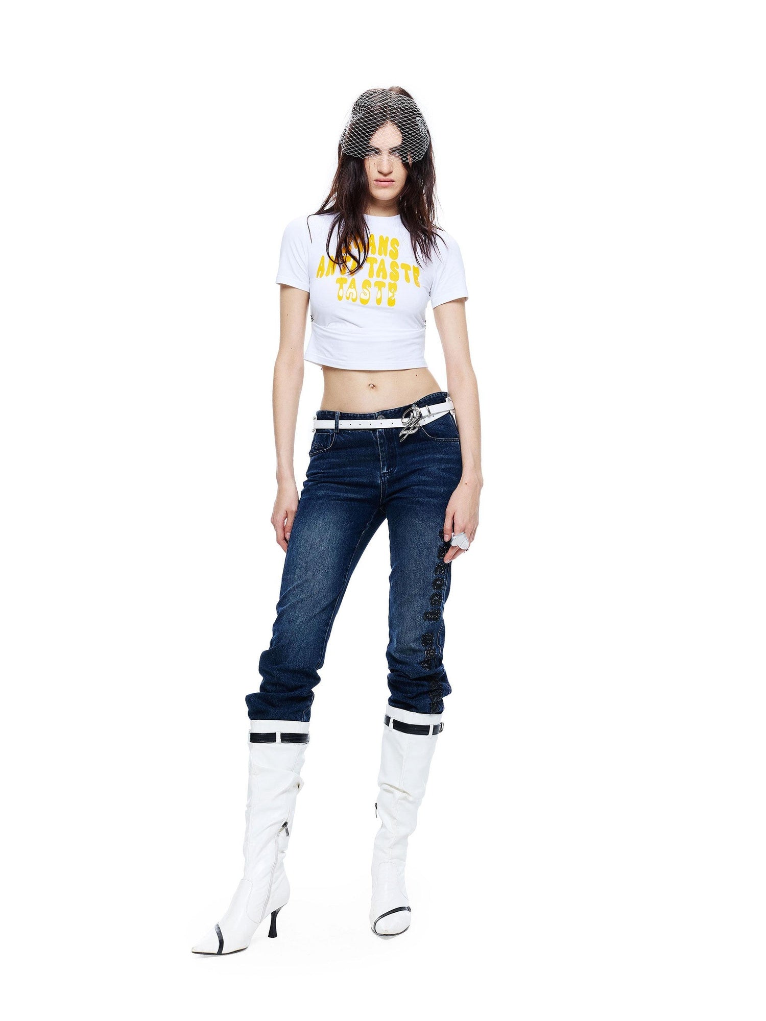 24ans Stretch Cotton Slim Fit Cropped Crew Neck Letter Print Short Sleeve T-Shirts