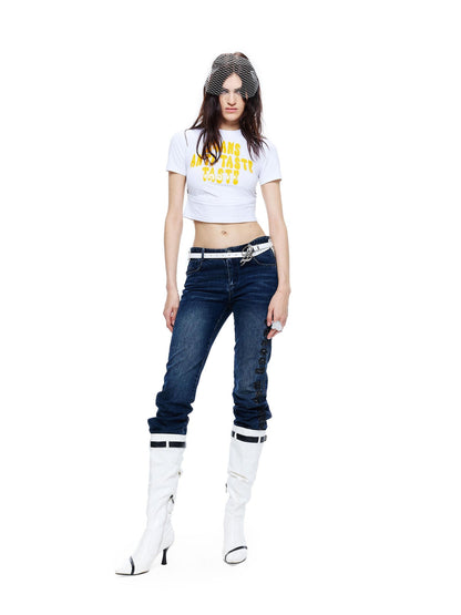 24ans Stretch Cotton Slim Fit Cropped Crew Neck Letter Print Short Sleeve T-Shirts