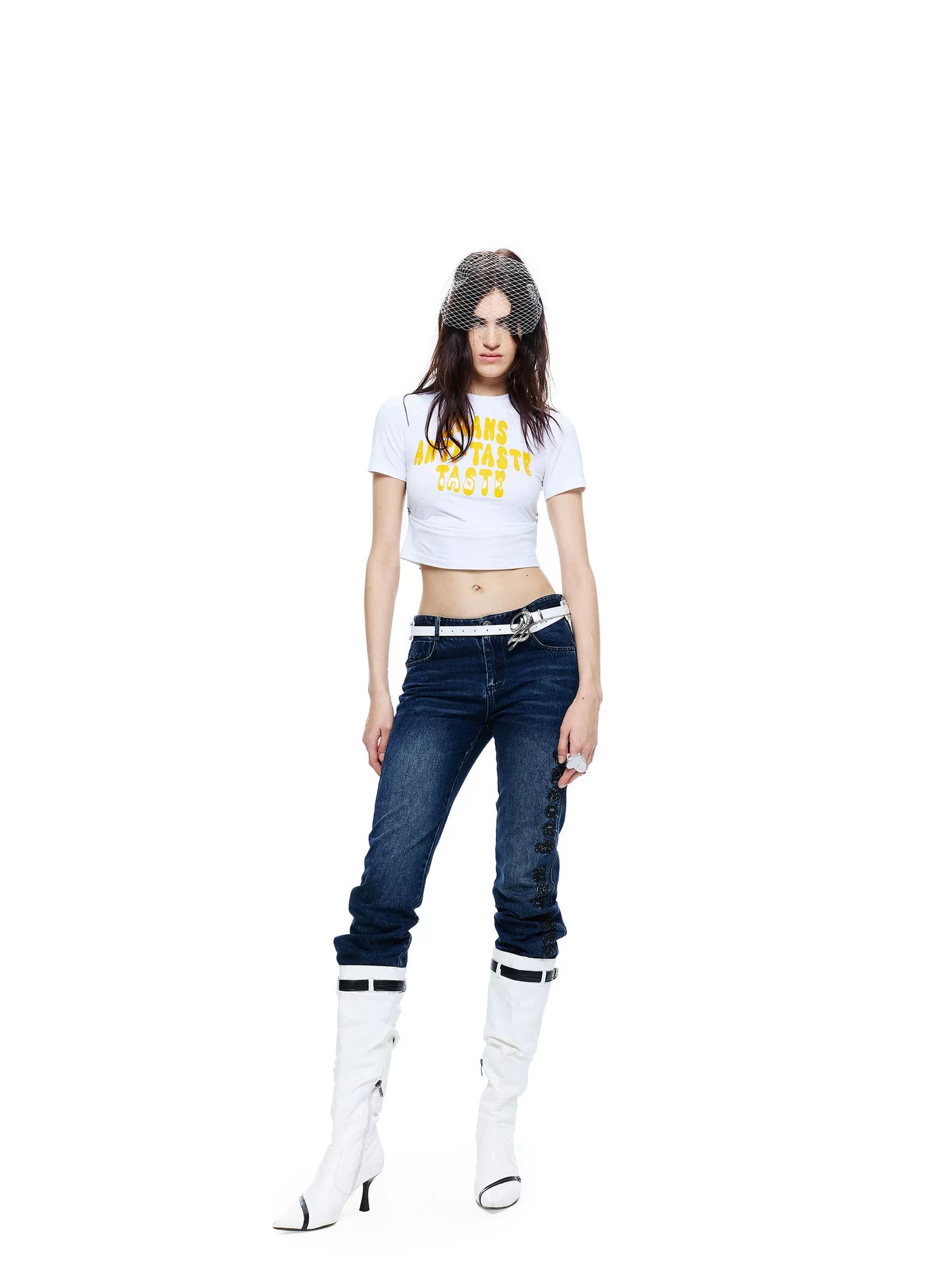 24ans Stretch Cotton Slim Fit Cropped Crew Neck Letter Print Short Sleeve T-Shirts-2