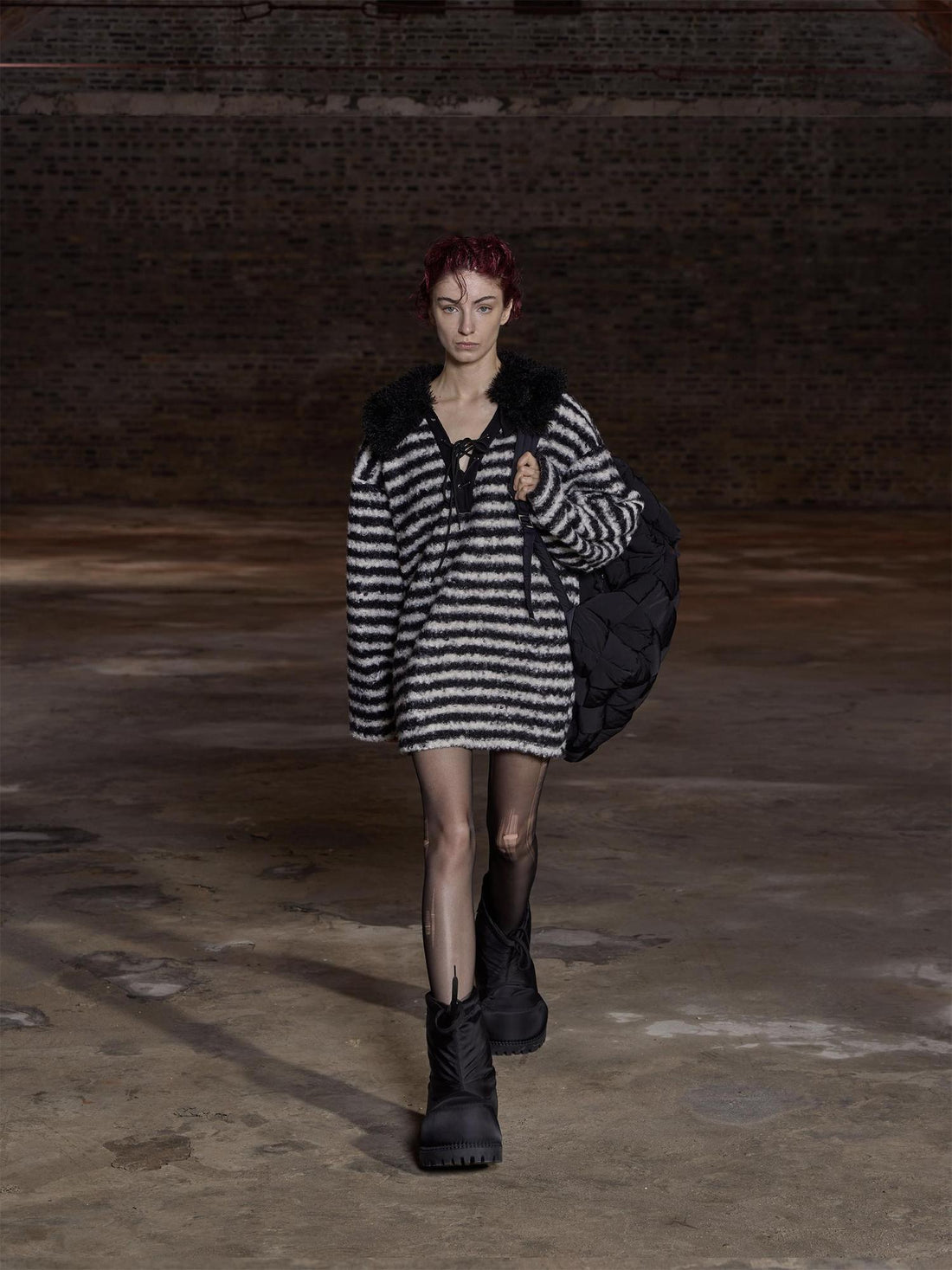 24ans Striped Detachable Shearling Collar Knit Sweater