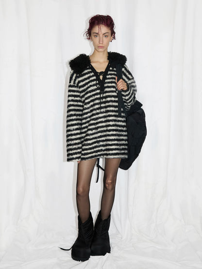24ans Striped Detachable Shearling Collar Knit Sweater-2