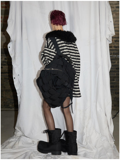 24ans Striped Detachable Shearling Collar Knit Sweater