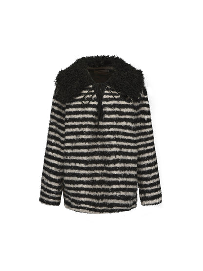 24ans Striped Detachable Shearling Collar Knit Sweater MISSTT