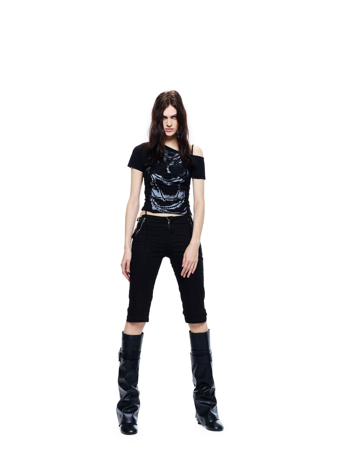 24ans Striped Ink Print Lace Panel Faux Layered Women&