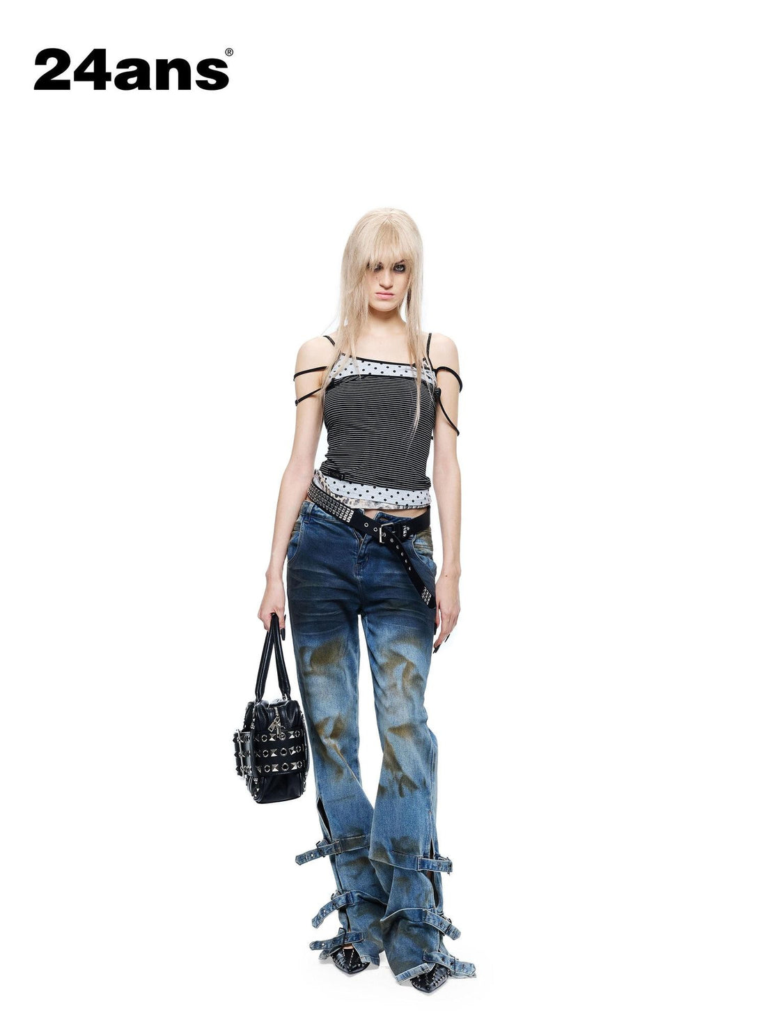 24ans Striped Print Faux Layered Fabric Splice Cropped Women&