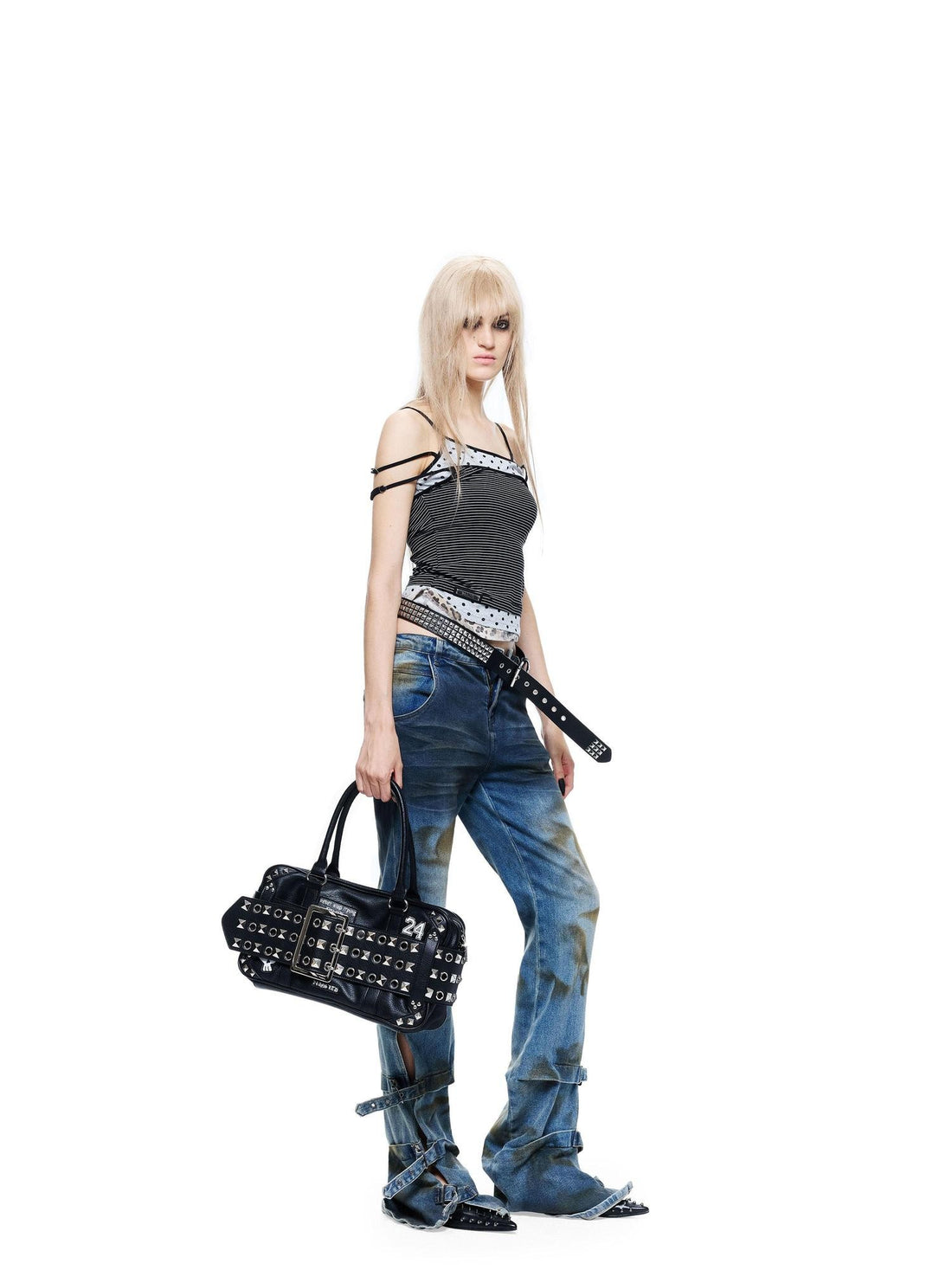 24ans Striped Print Faux Layered Fabric Splice Cropped Women&