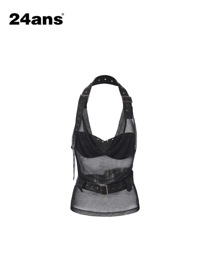24ans Studded Cropped Collared Camo Halter Neck Women Poly Cotton Halter Tops