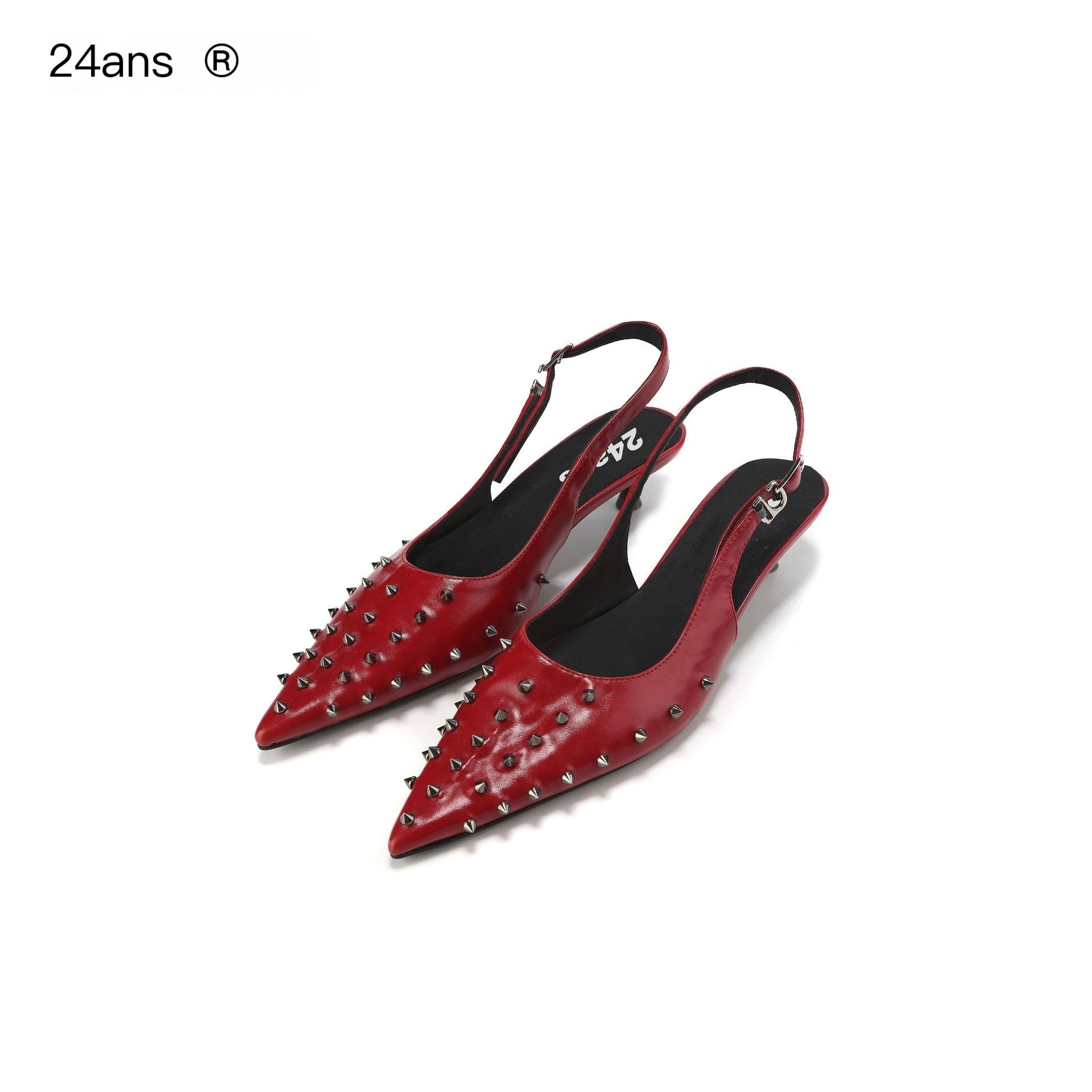 24ans Studded Pointed Toe Stiletto Low Cut Single Strap Women Pu Lined Pumps
