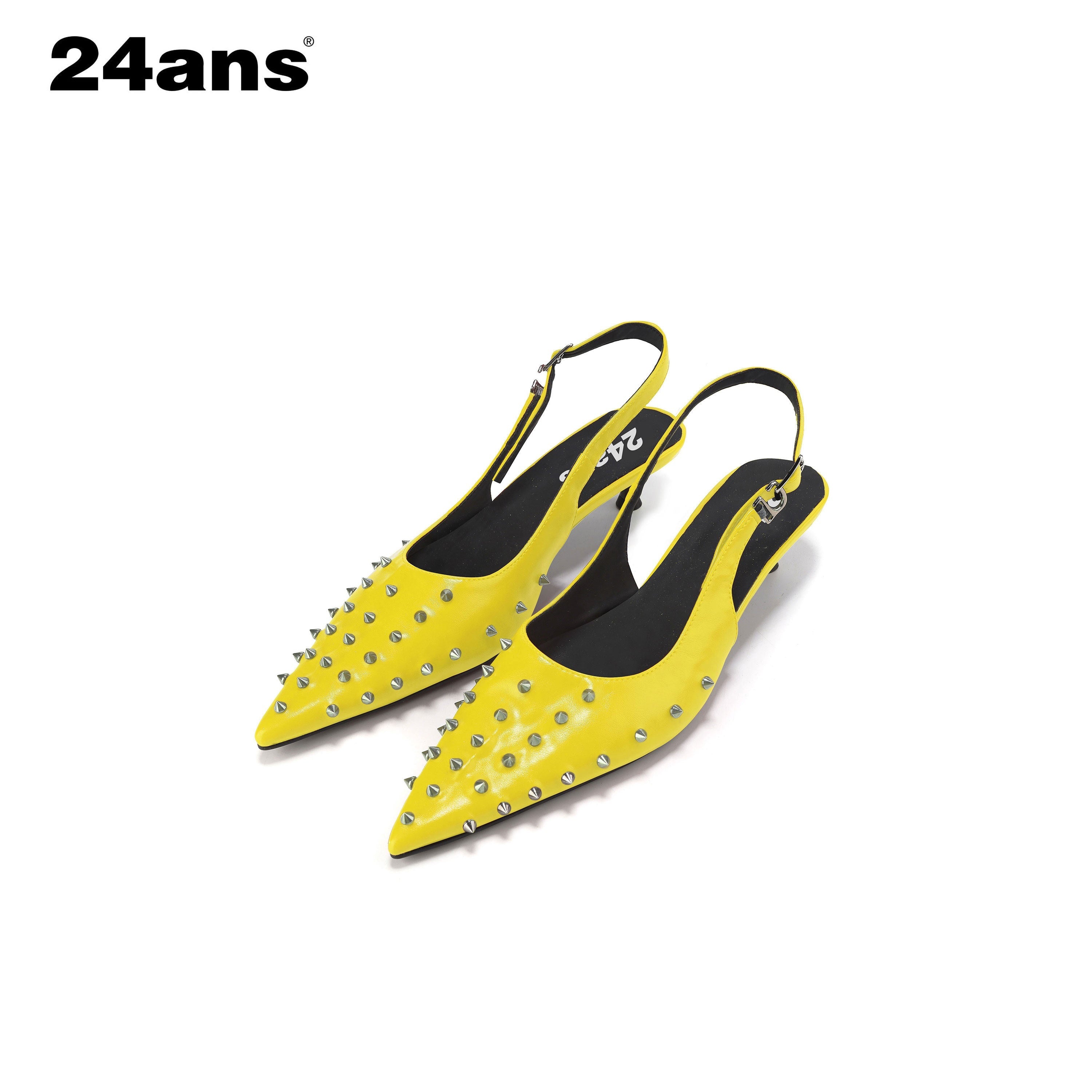 24ans Studded Pointed Toe Stiletto Low Cut Single Strap Women Pu Lined Pumps