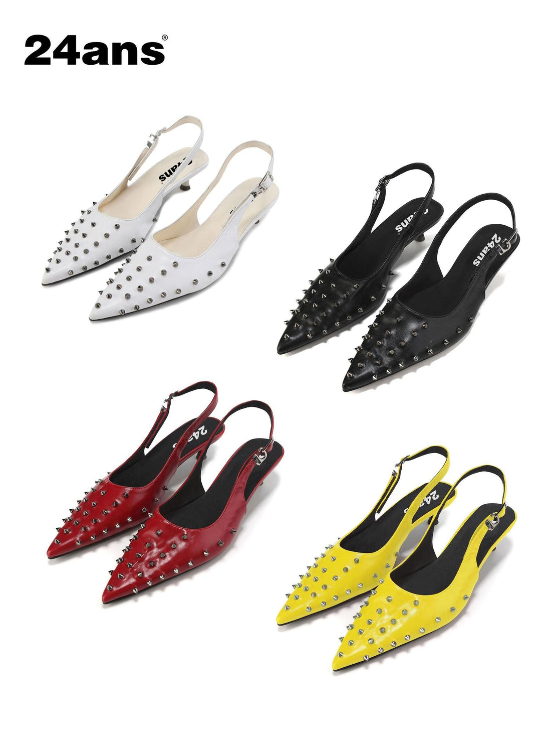 24ans Studded Pointed Toe Stiletto Low Cut Single Strap Women Pu Lined Pumps