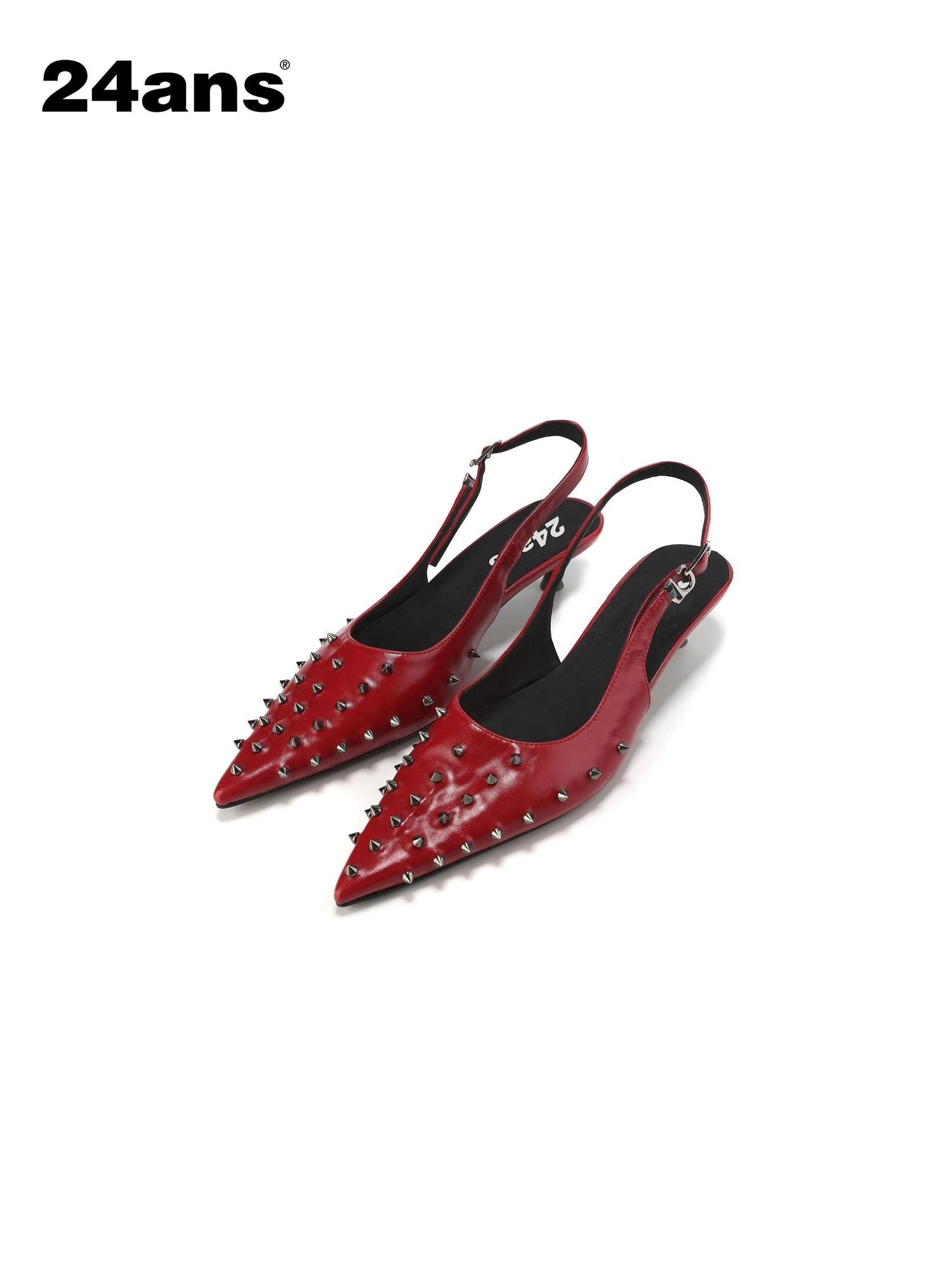 24ans Studded Pointed Toe Stiletto Low Cut Single Strap Women Pu Lined Pumps