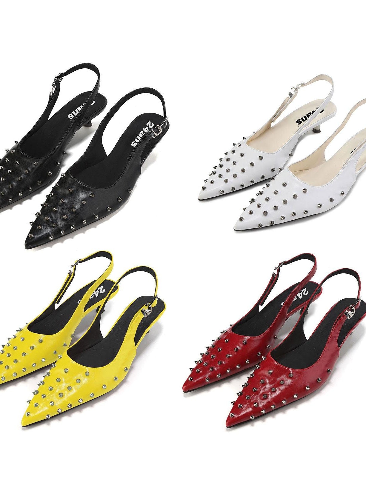 24ans Studded Pointed Toe Stiletto Low Cut Single Strap Women Pu Lined Pumps