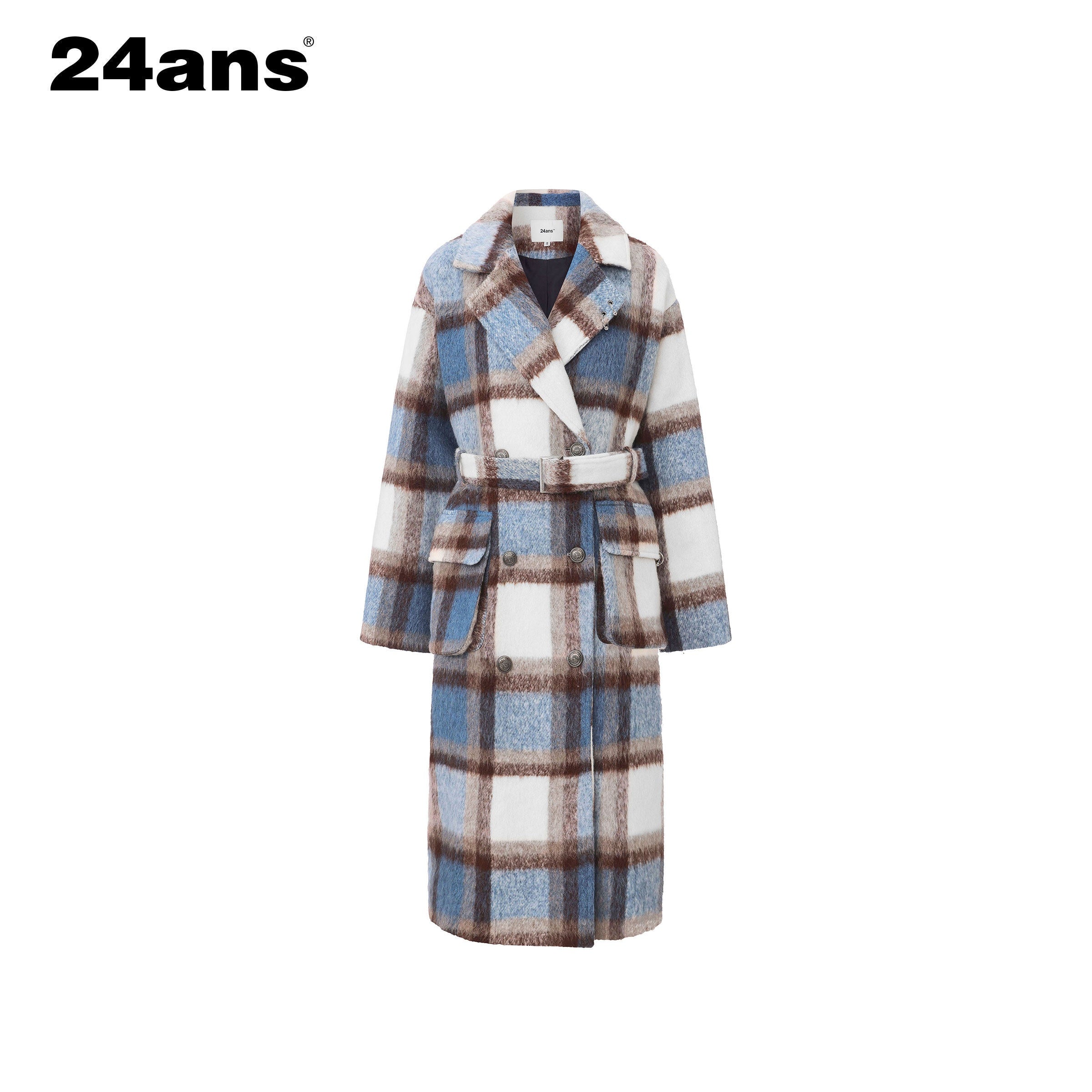 24ans_Thick_Wool_Blend_Plaid_Punk_Double_Breasted_Long_Lapel_Women_Blue_White_Coat_MISSTT