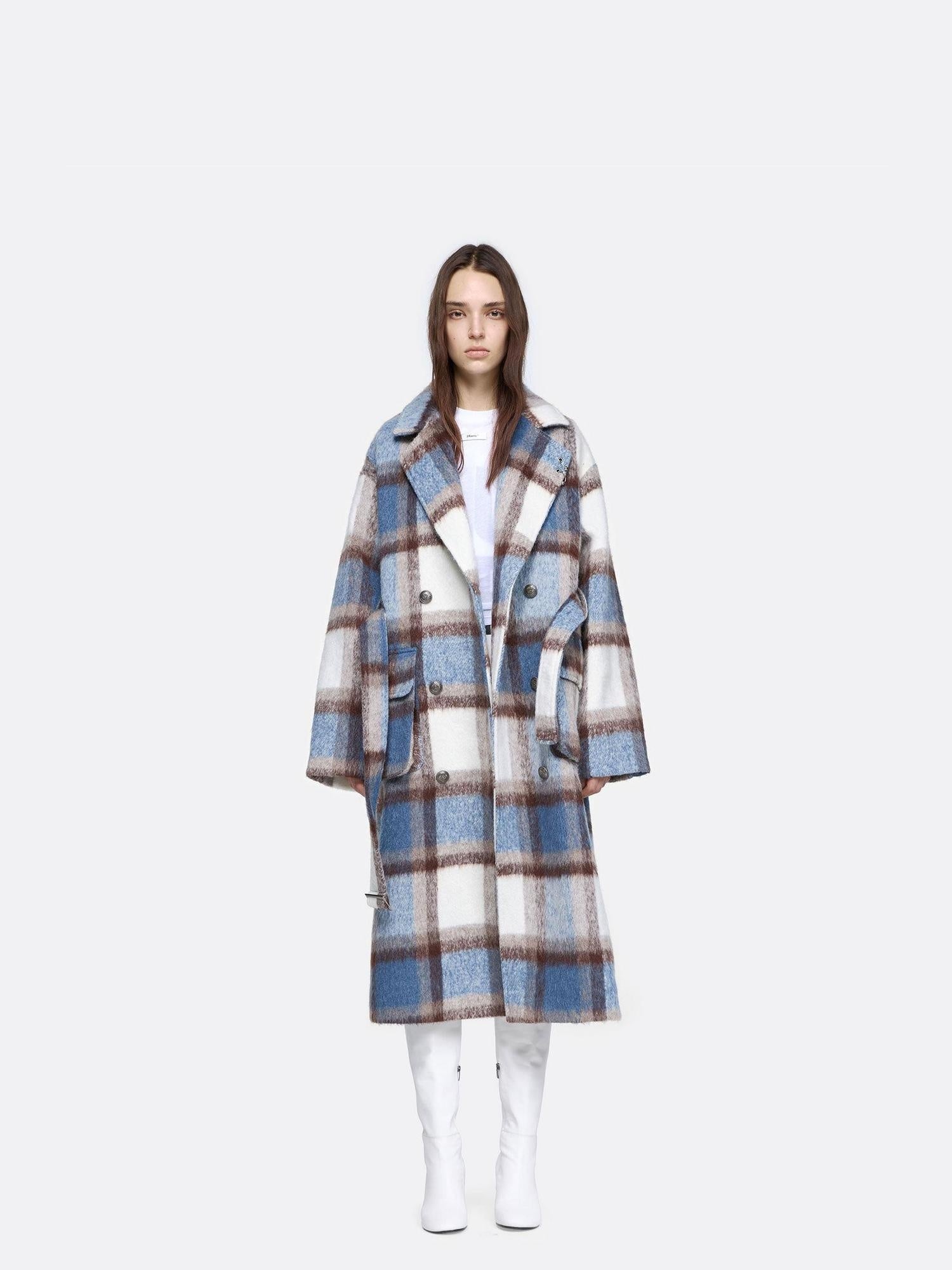 24ans Thick Wool Blend Plaid Punk Double Breasted Long Lapel Women Blue White Coat