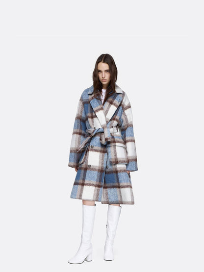 24ans Thick Wool Blend Plaid Punk Double Breasted Long Lapel Women Blue White Coat