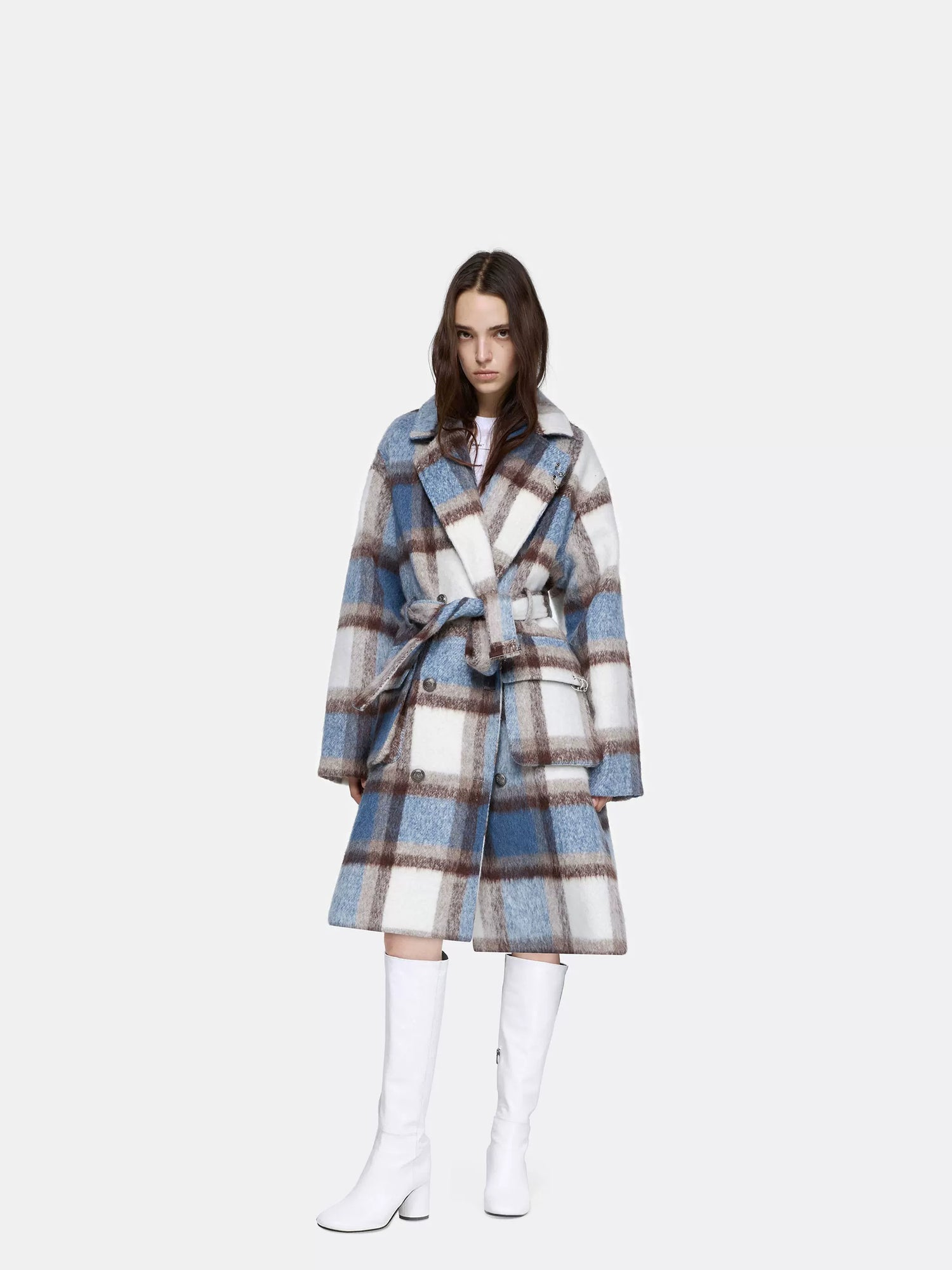 24ans Thick Wool Blend Plaid Punk Double Breasted Long Lapel Women Blue White Coat-2