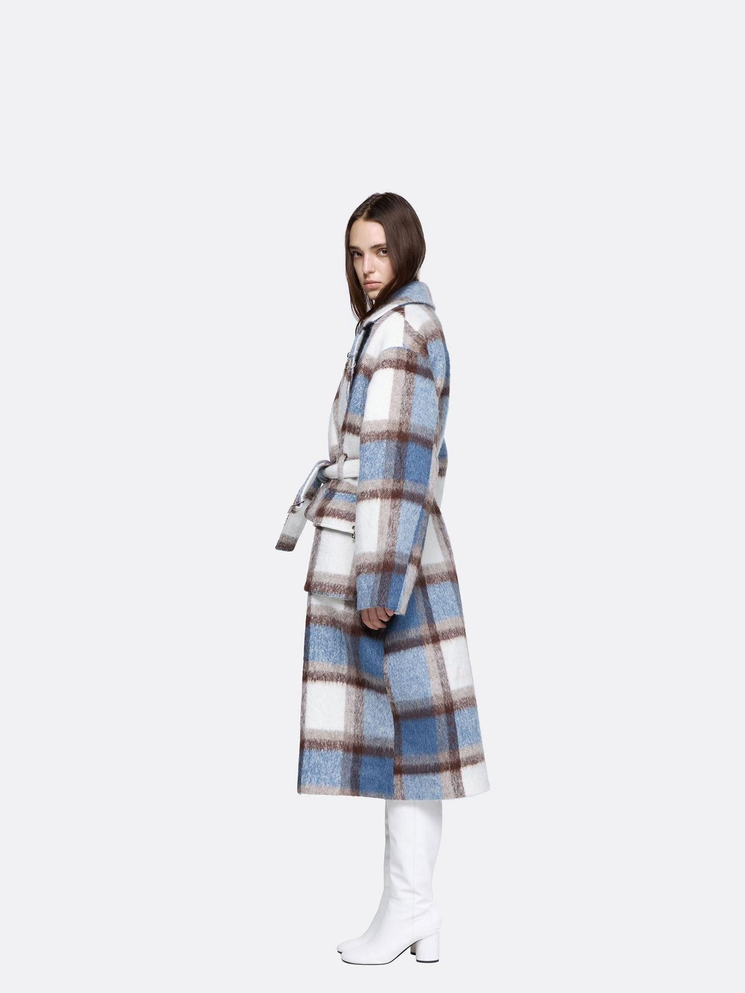 24ans Thick Wool Blend Plaid Punk Double Breasted Long Lapel Women Blue White Coat