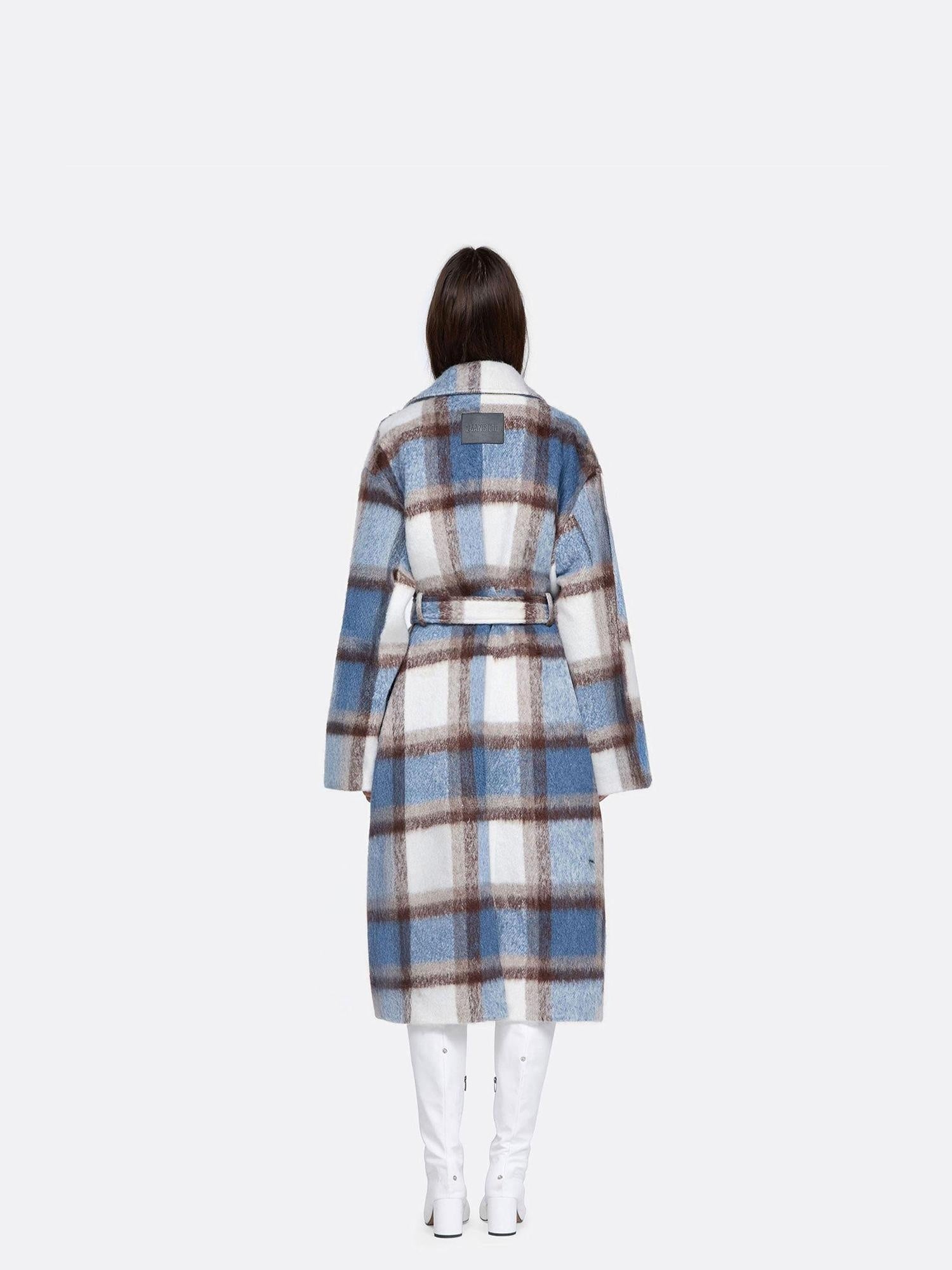24ans Thick Wool Blend Plaid Punk Double Breasted Long Lapel Women Blue White Coat