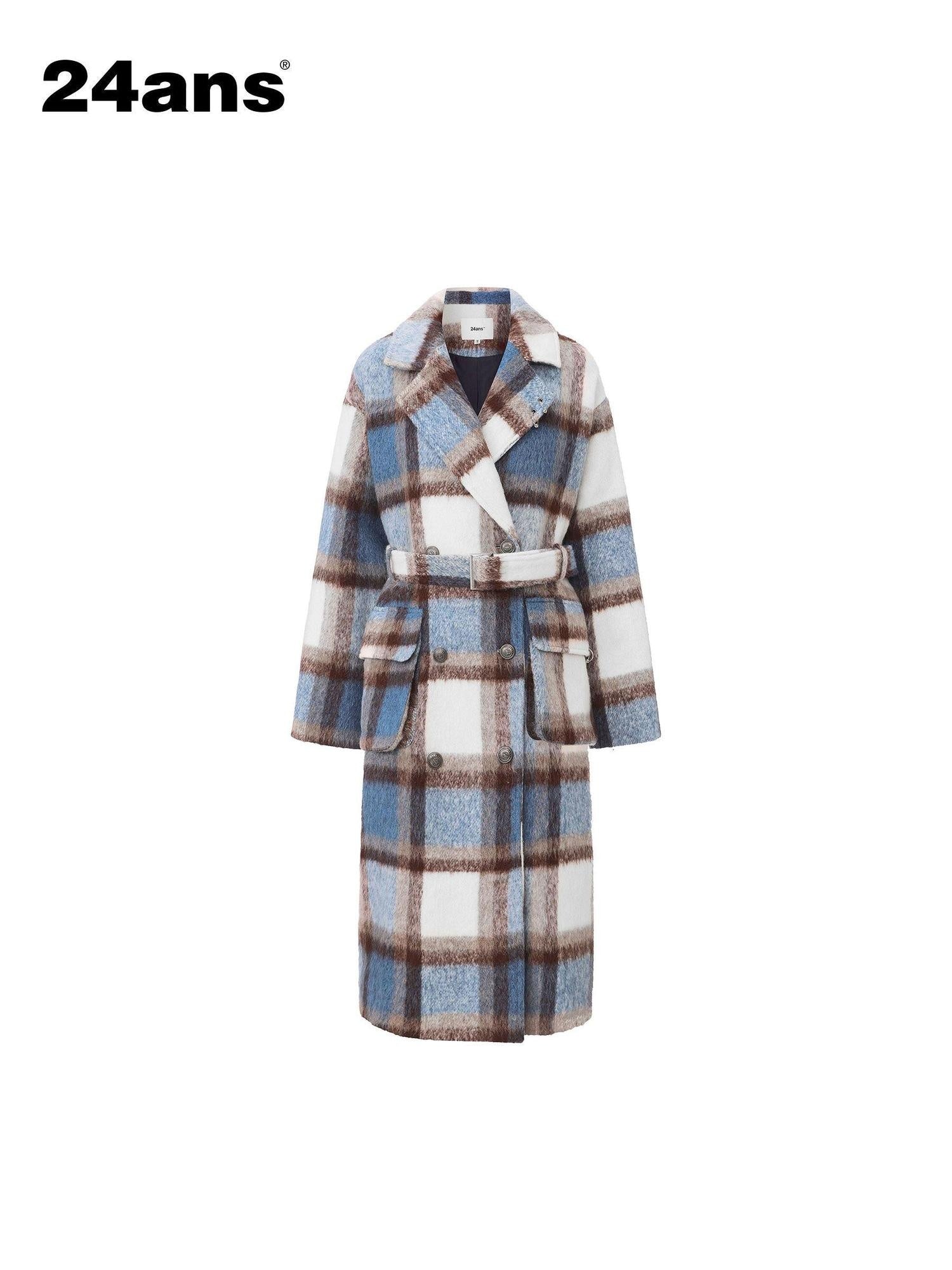 24ans Thick Wool Blend Plaid Punk Double Breasted Long Lapel Women Blue White Coat