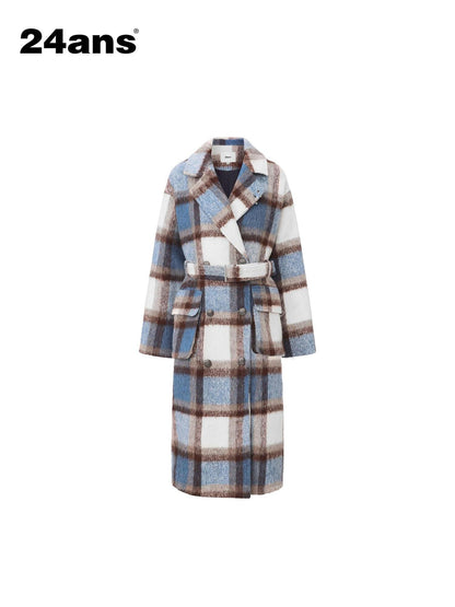 24ans Thick Wool Blend Plaid Punk Double Breasted Long Lapel Women Blue White Coat