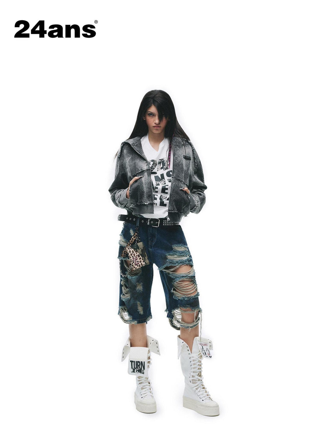 24ans Tie Dye Leopard Print Oversized Cropped Zip Hooded Punk Women Cotton Hoodies