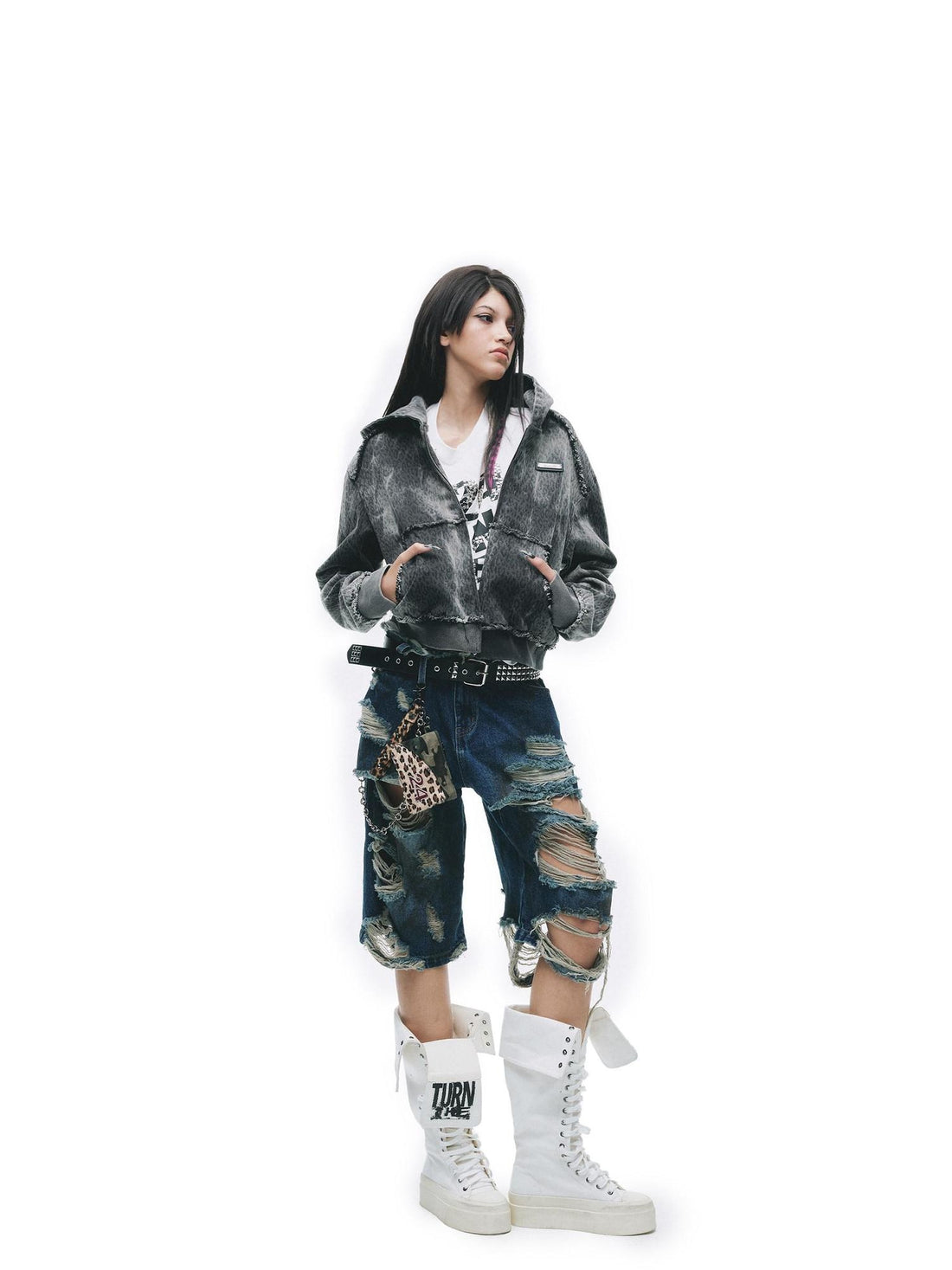 24ans Tie Dye Leopard Print Oversized Cropped Zip Hooded Punk Women Cotton Hoodies