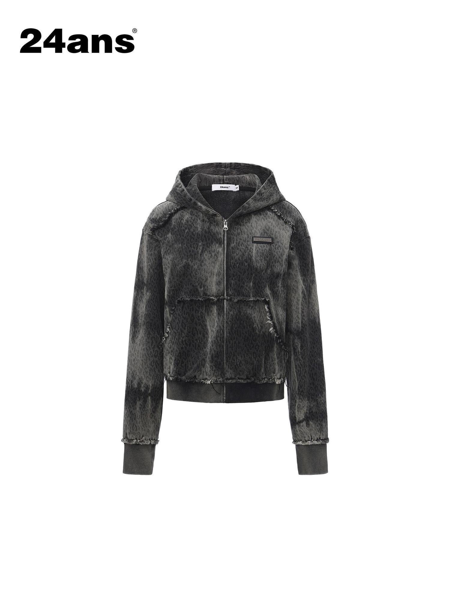 24ans Tie Dye Leopard Print Oversized Cropped Zip Hooded Punk Women Cotton Hoodies