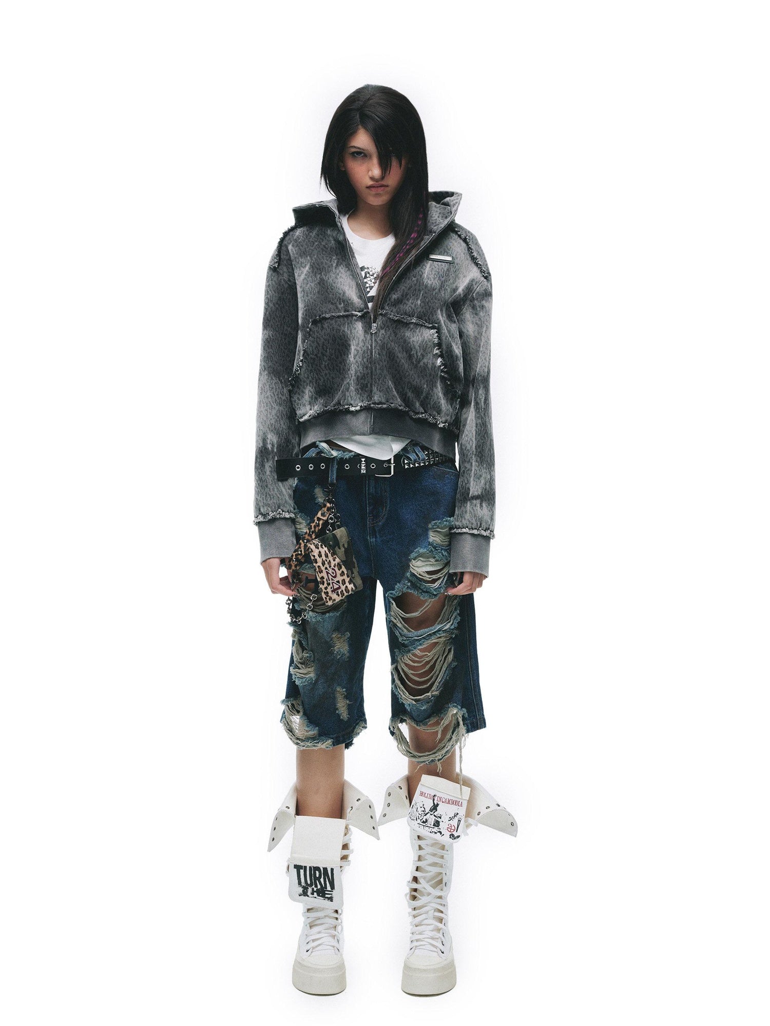 24ans Tie Dye Leopard Print Oversized Cropped Zip Hooded Punk Women Cotton Hoodies