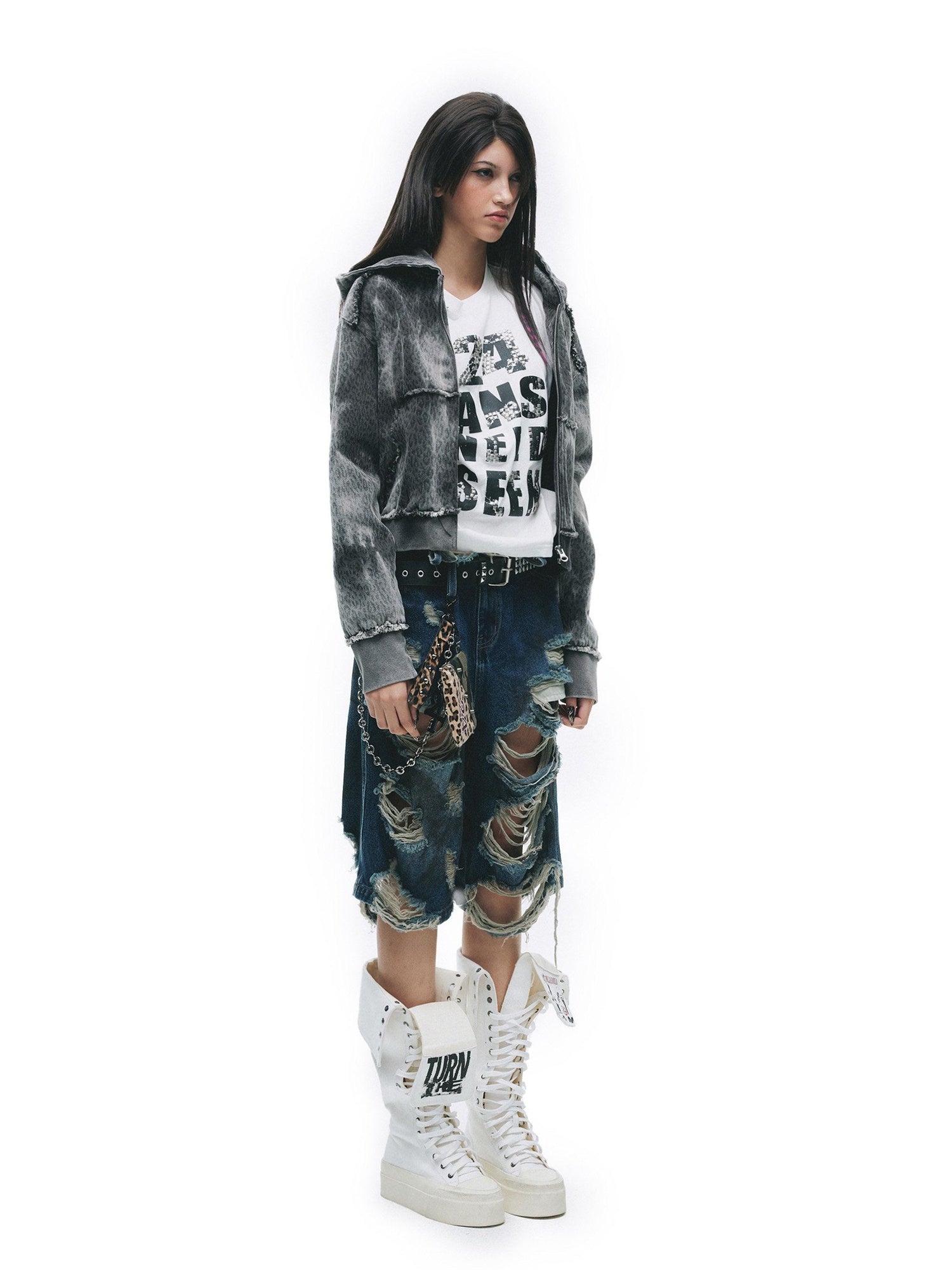 24ans Tie Dye Leopard Print Oversized Cropped Zip Hooded Punk Women Cotton Hoodies