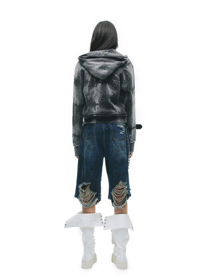 24ans Tie Dye Leopard Print Oversized Cropped Zip Hooded Punk Women Cotton Hoodies