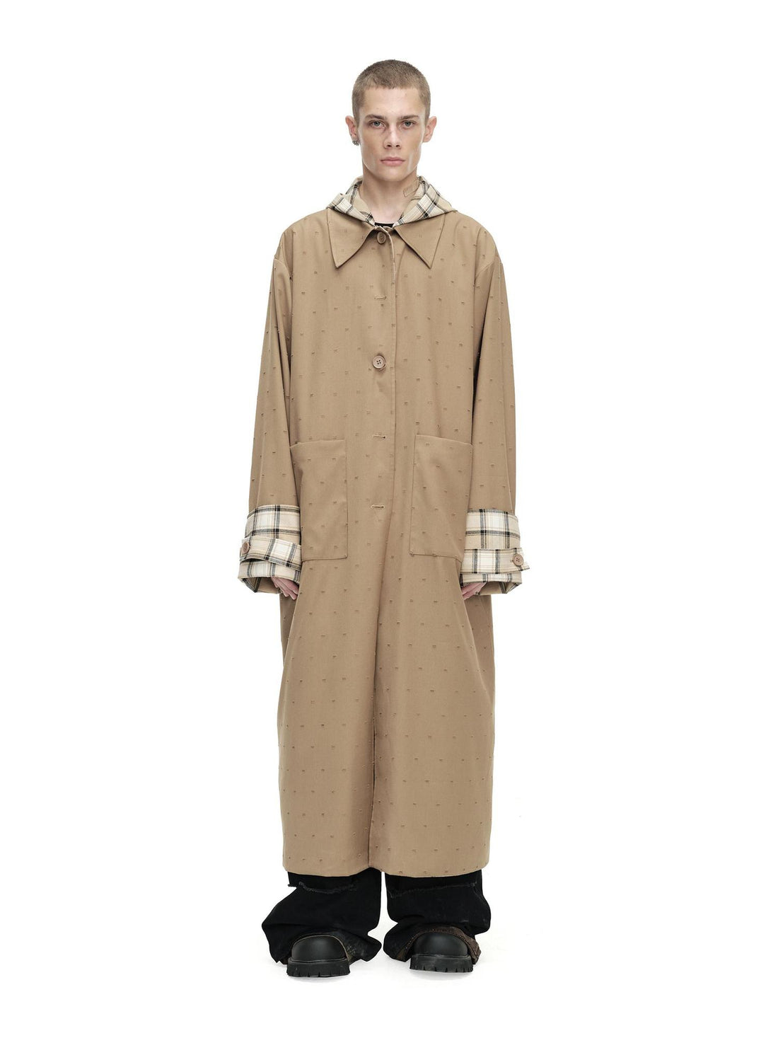 24ans Two Sided Hooded Long Coat In Cotton Blend