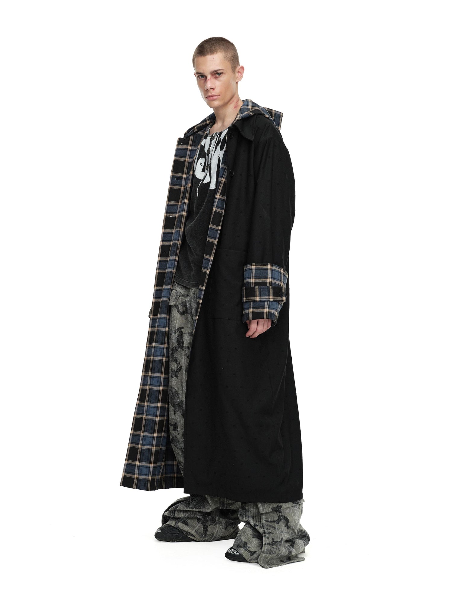 24ans Two Sided Hooded Long Coat In Cotton Blend