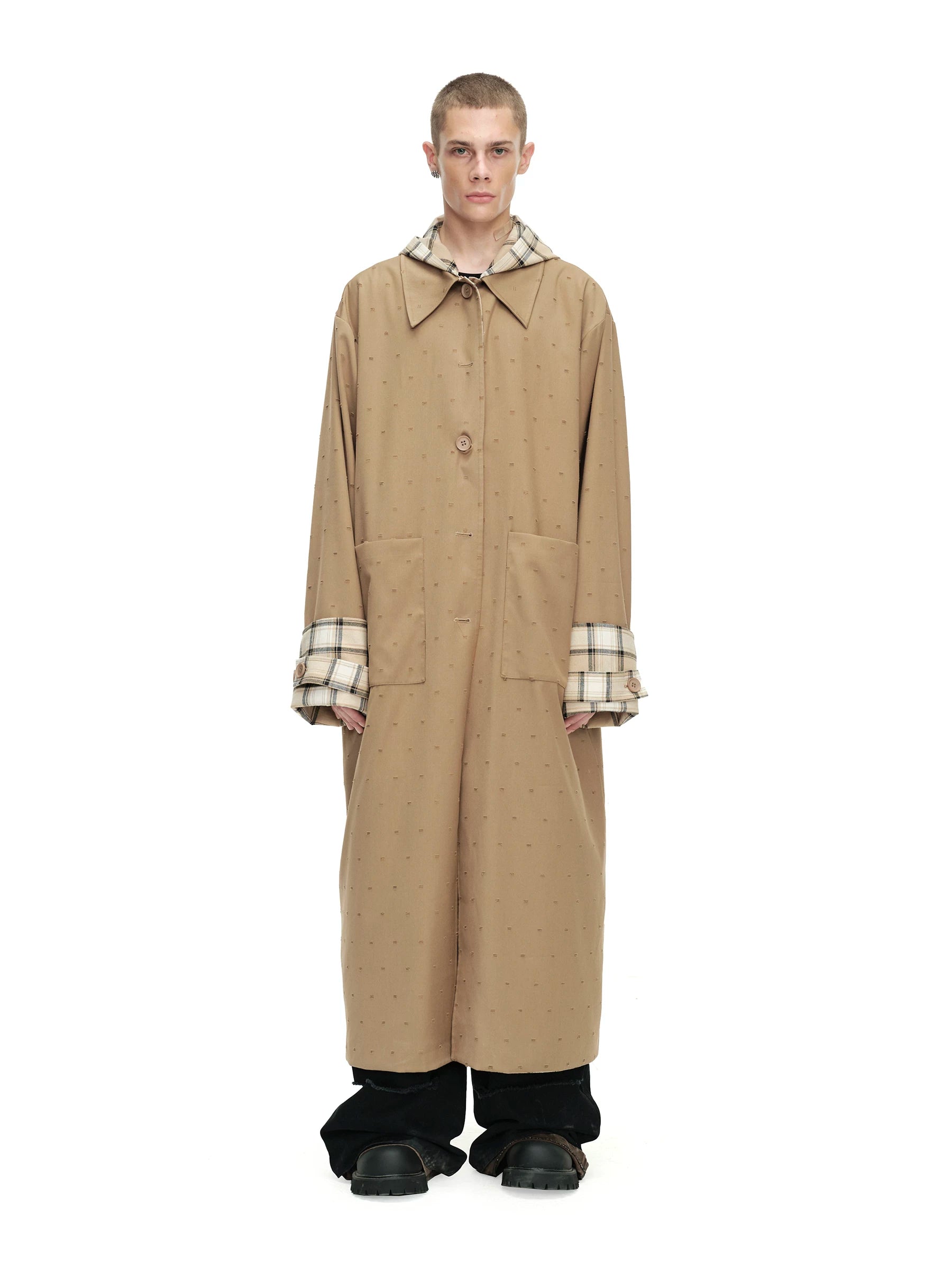 24ans Two Sided Hooded Long Coat In Cotton Blend-1