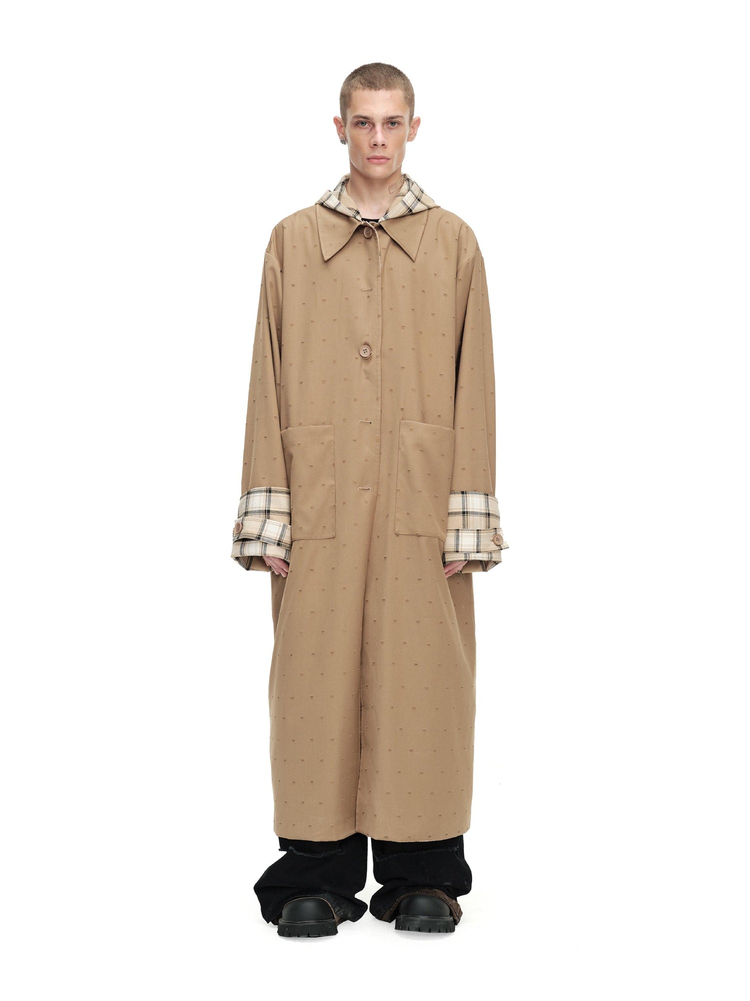 24ans Two Sided Hooded Long Coat In Cotton Blend