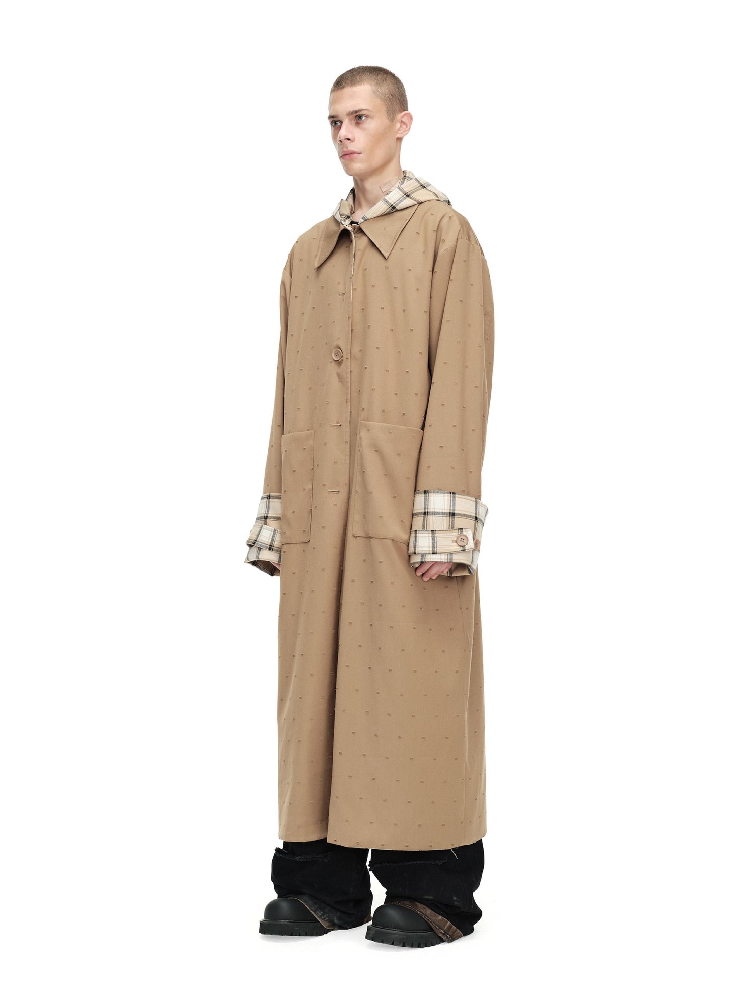 24ans Two Sided Hooded Long Coat In Cotton Blend