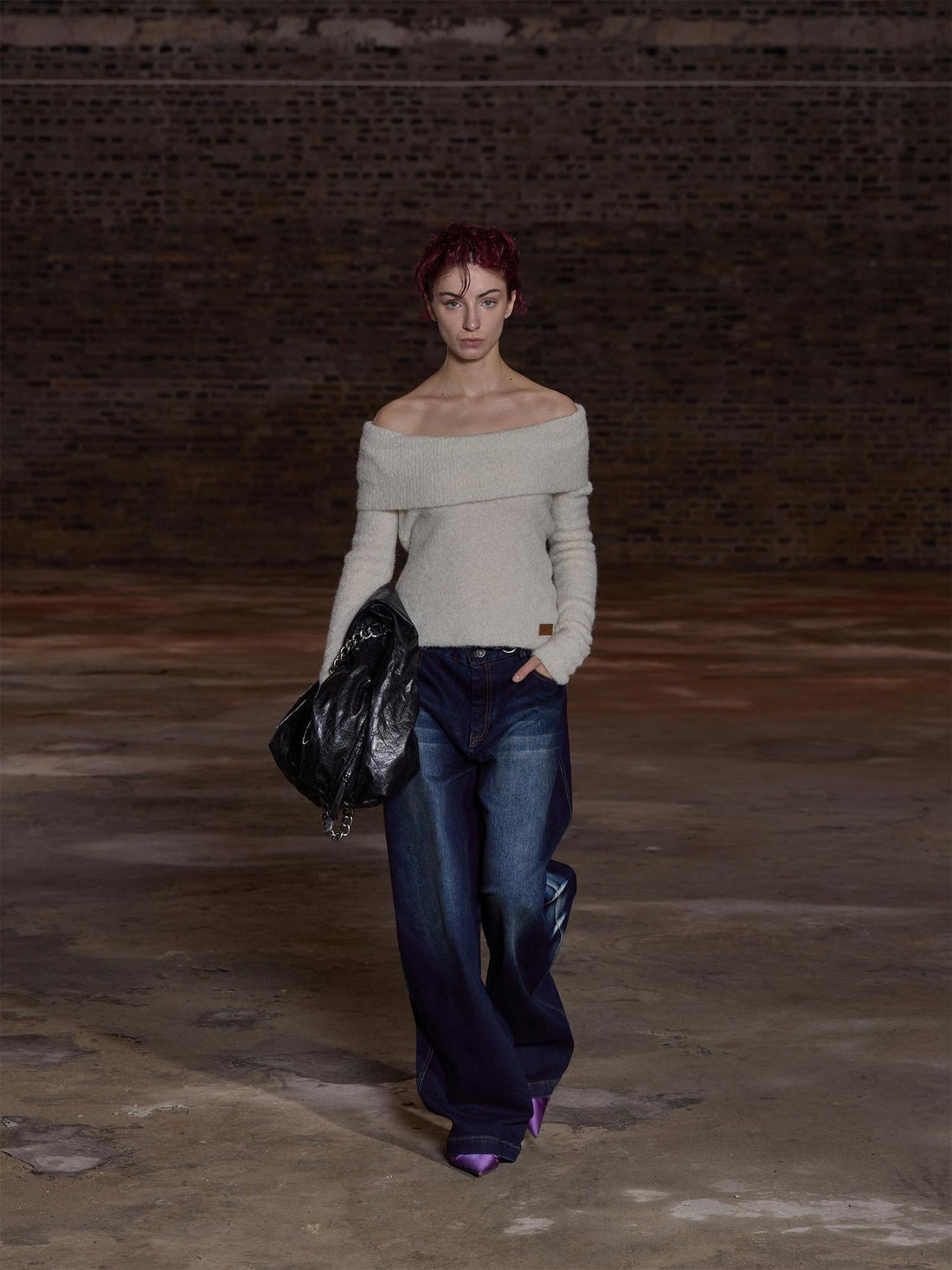 24ans Two Tone Alpaca Sweater Versatile Crewneck To Off Shoulder