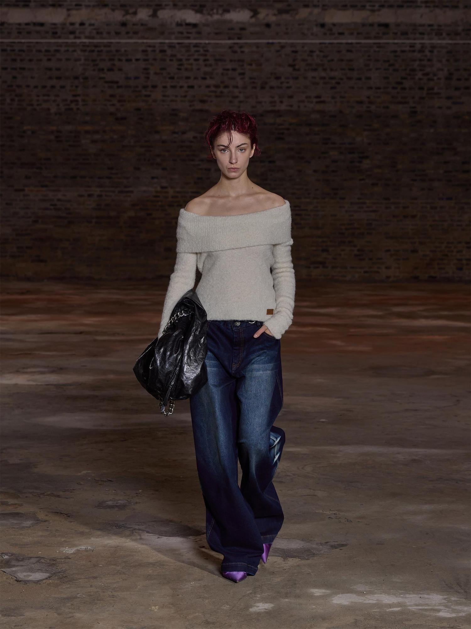 24ans Two Tone Alpaca Sweater Versatile Crewneck To Off Shoulder