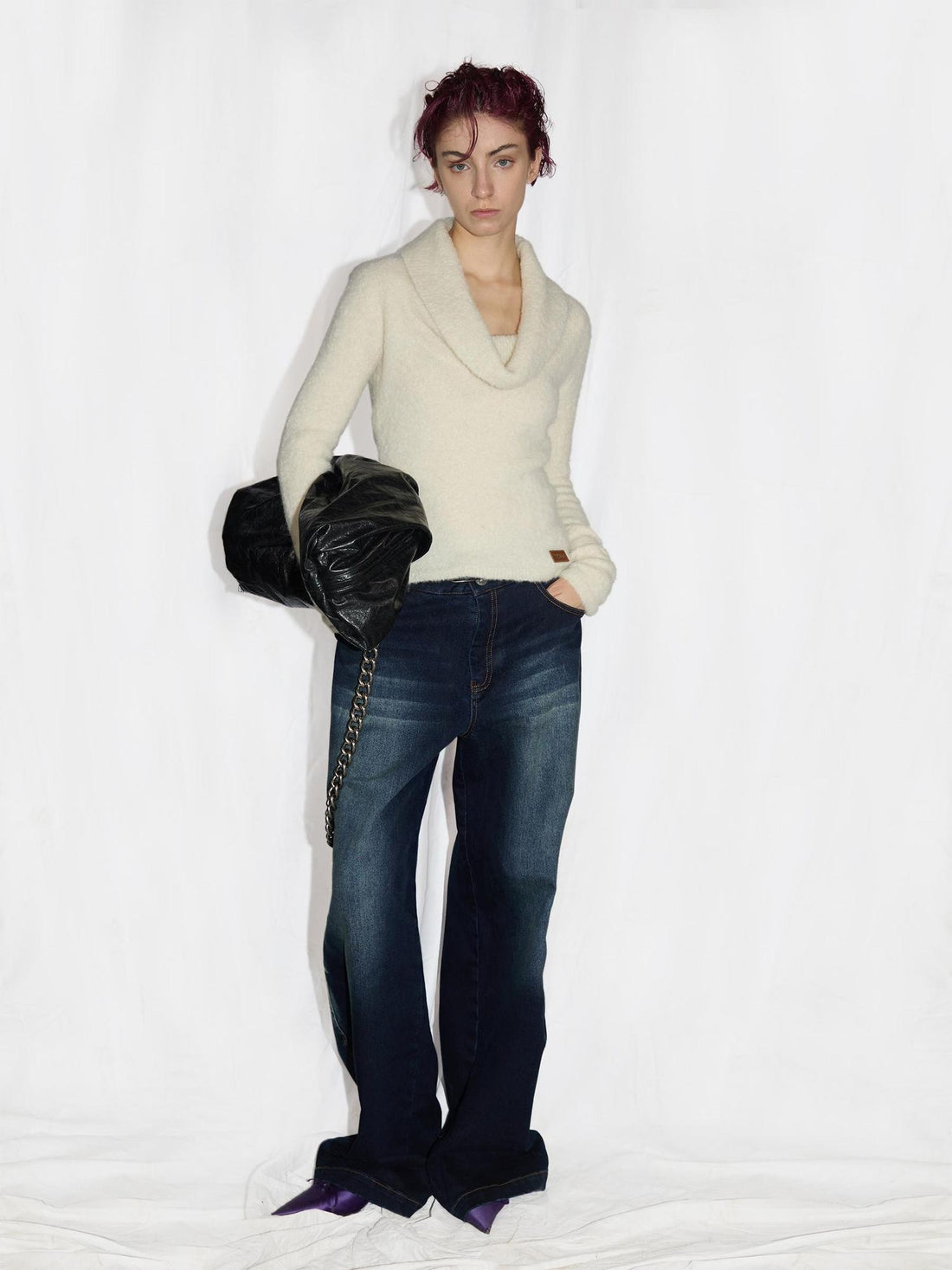 24ans Two Tone Alpaca Sweater Versatile Crewneck To Off Shoulder