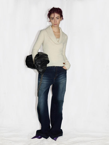 24ans Two Tone Alpaca Sweater Versatile Crewneck To Off Shoulder