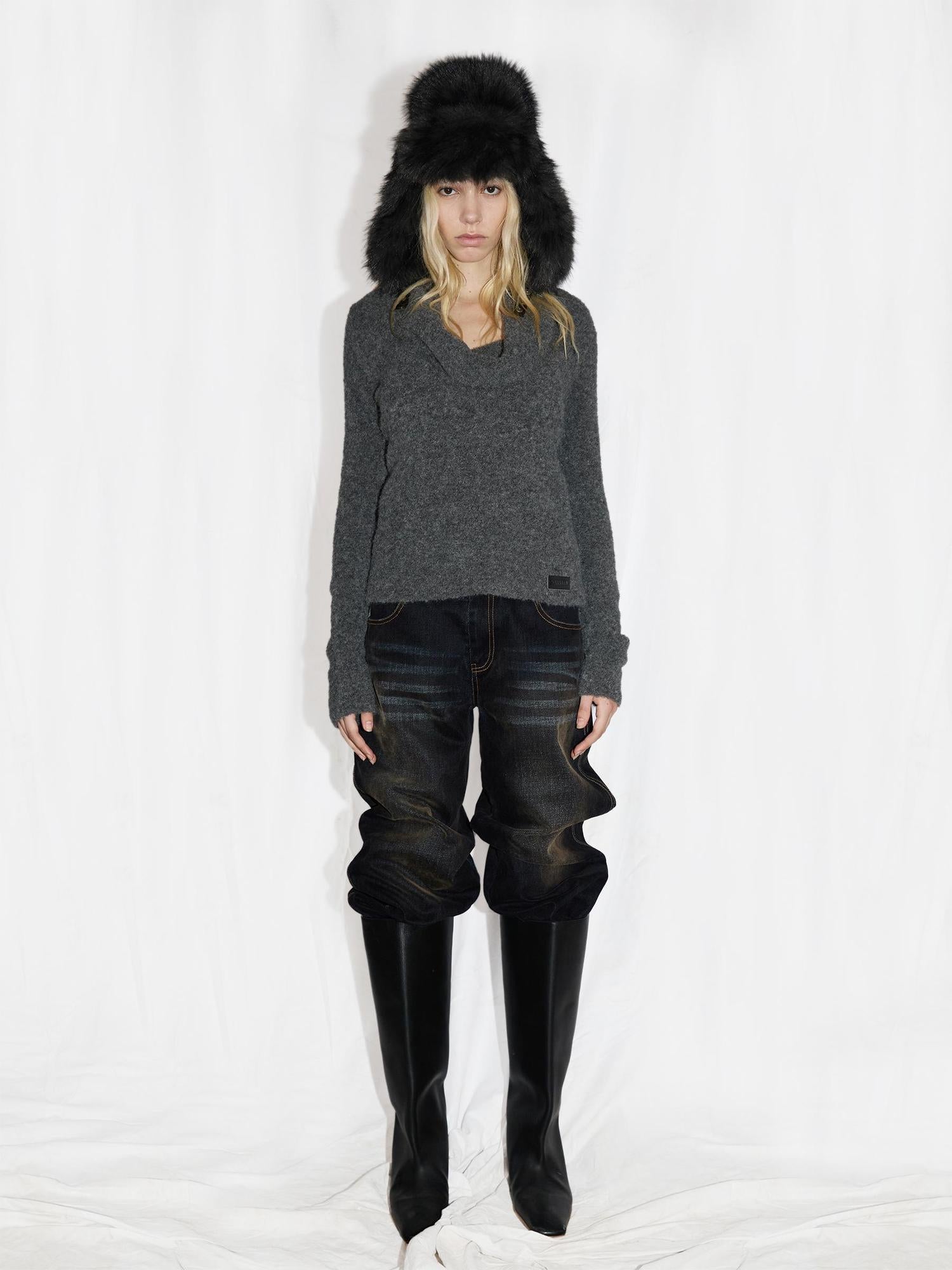 24ans Two Tone Alpaca Sweater Versatile Crewneck To Off Shoulder