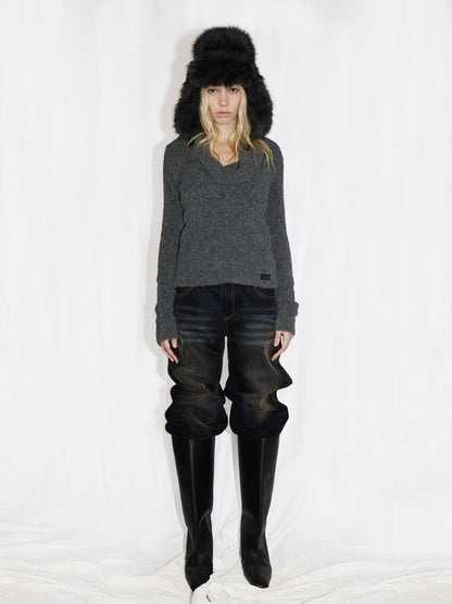 24ans Two Tone Alpaca Sweater Versatile Crewneck To Off Shoulder